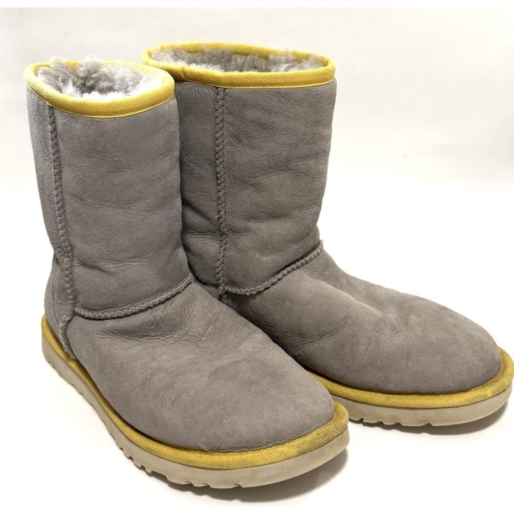UGG Boots Classic  Womens Size US 6 Sheepskin Leather Gray Yellow Trim